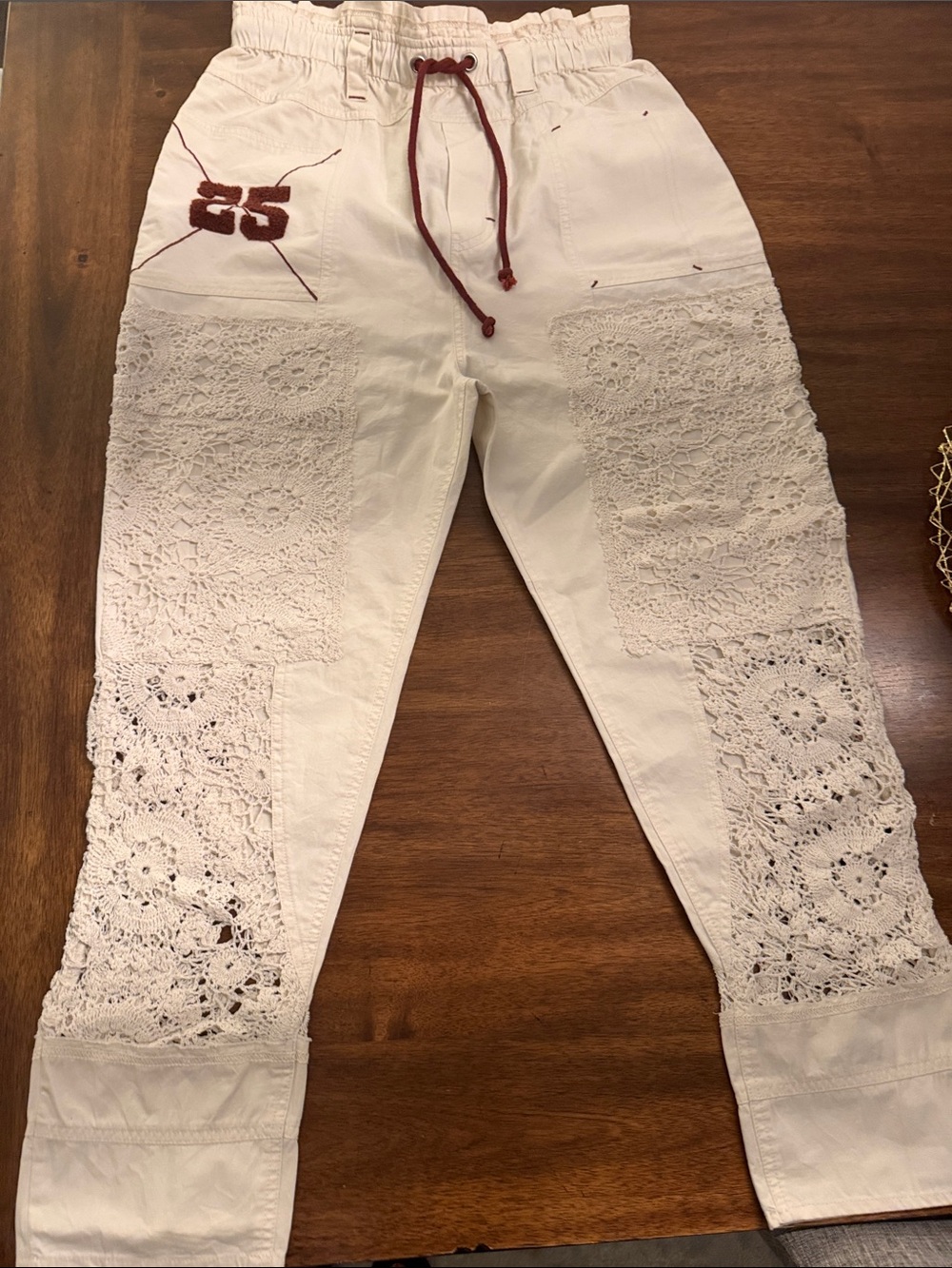 Free People Cream Crochet-Panel Drawstring Joggers with Rust Accent